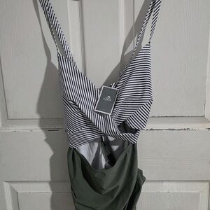 Striped Black and White Swimsuit with Green Bottom